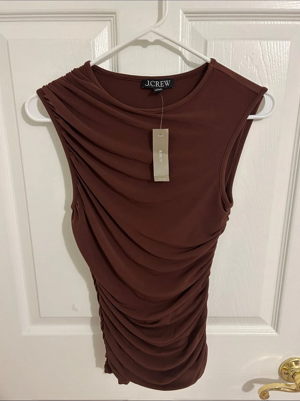 J.Crew Ruched Stretch Shell Top In Brown Matte Jersey NWT Size XS Bodycon Fall
